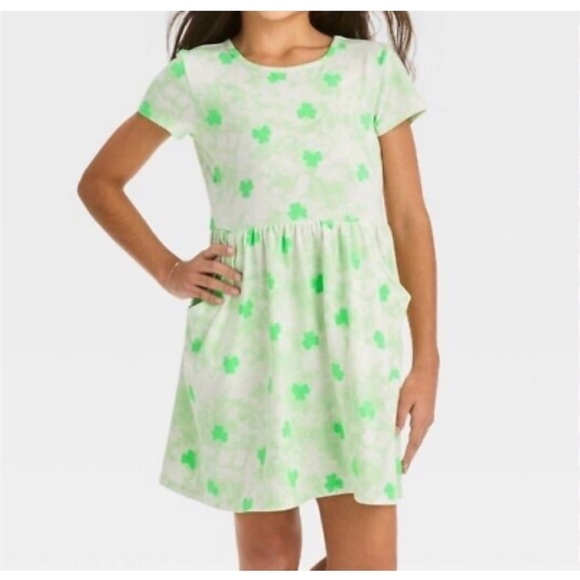 Cat & Jack Girls Green Shamrock Short  Sleeves Pocket Babydoll Style Dress S 6/7 - Picture 2 of 10